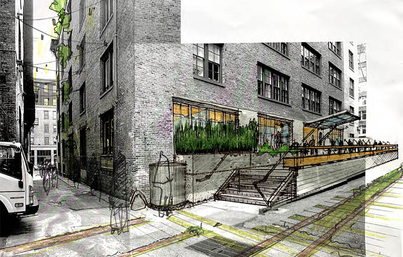 An original sketch rendering of Railspur Seattle with green plants and floor-level deck