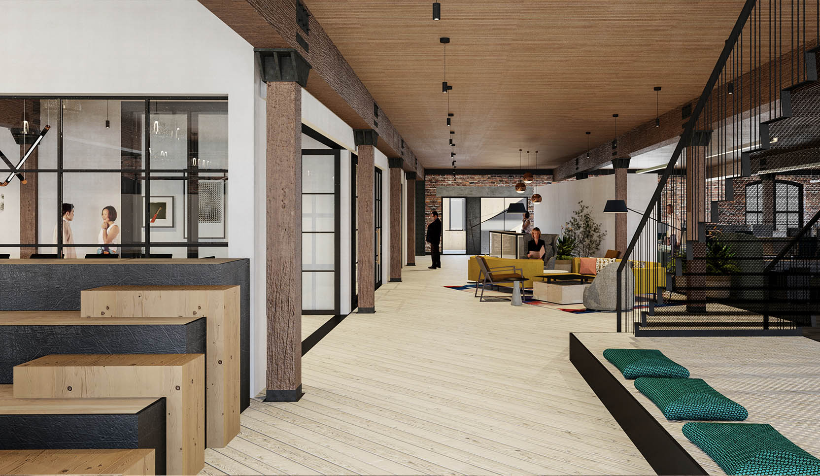 A rendering of office space for lease at Railspur, Seattle