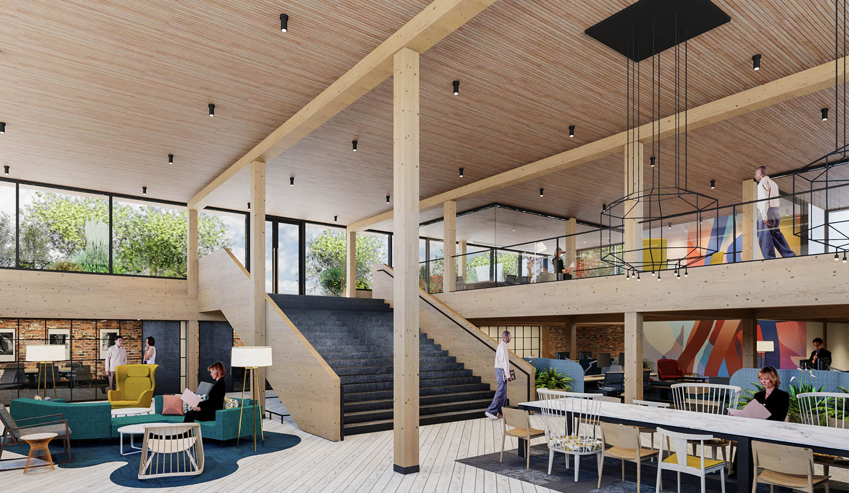 A rendering of office space for lease at Railspur, Seattle