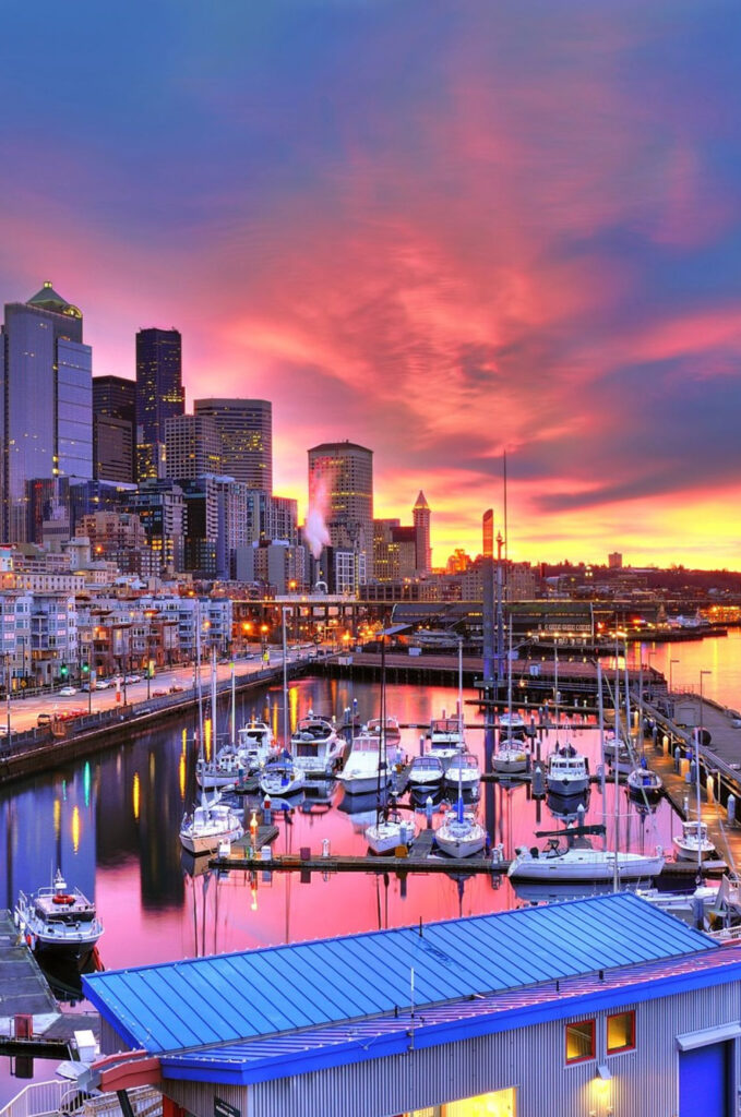 A view of the Seattle harbor at sunset