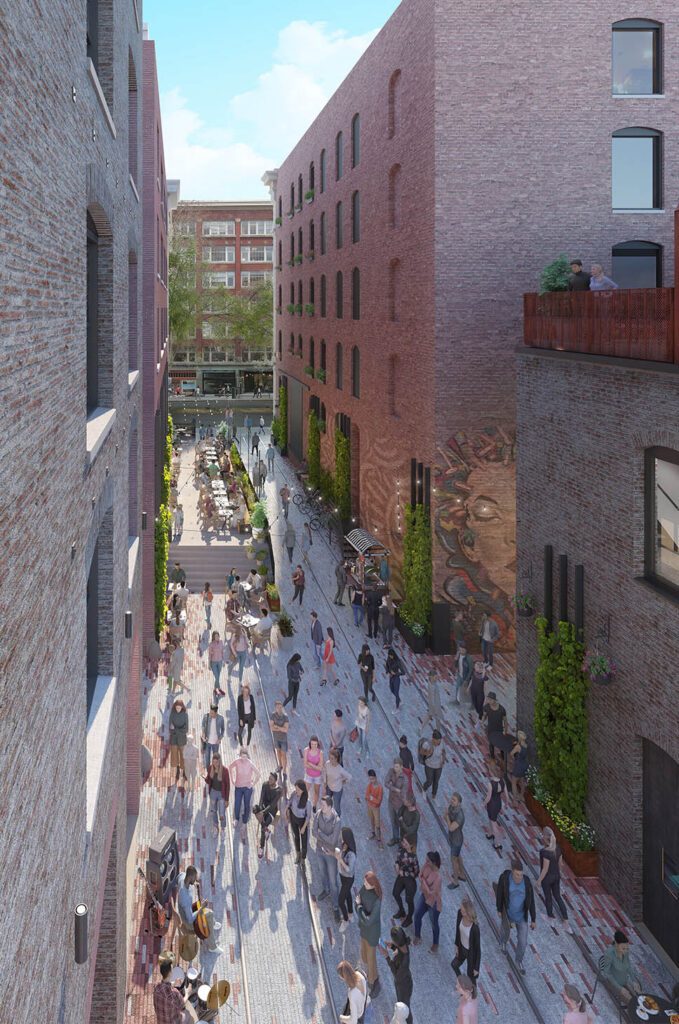 A rendering of an active alleyway at RailSpur Seattle