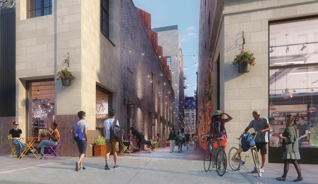 A new rendering depicting RailSpur's alleyway, the retail within, and visitors