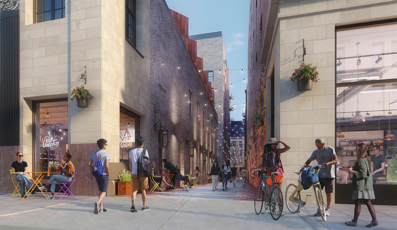 A new rendering depicting RailSpur's alleyway, the retail within, and visitors